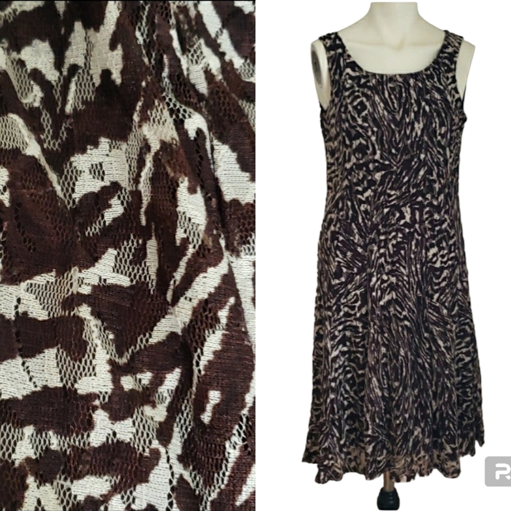 DRESSBARN Animal Print Brown & Cream Nett Overlay Lined Sleeveless Dress, Size 8
